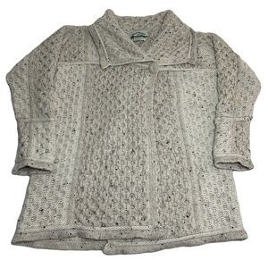 Aran Crafts Merino Wool Shawl Collar Cable Knit Fisherman Sweatshirt Beige Large